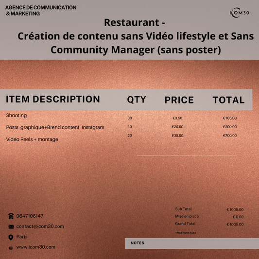 RESTAURANT - CRÉATION DE CONTENU sans vidéo lifestyle et sans Poster